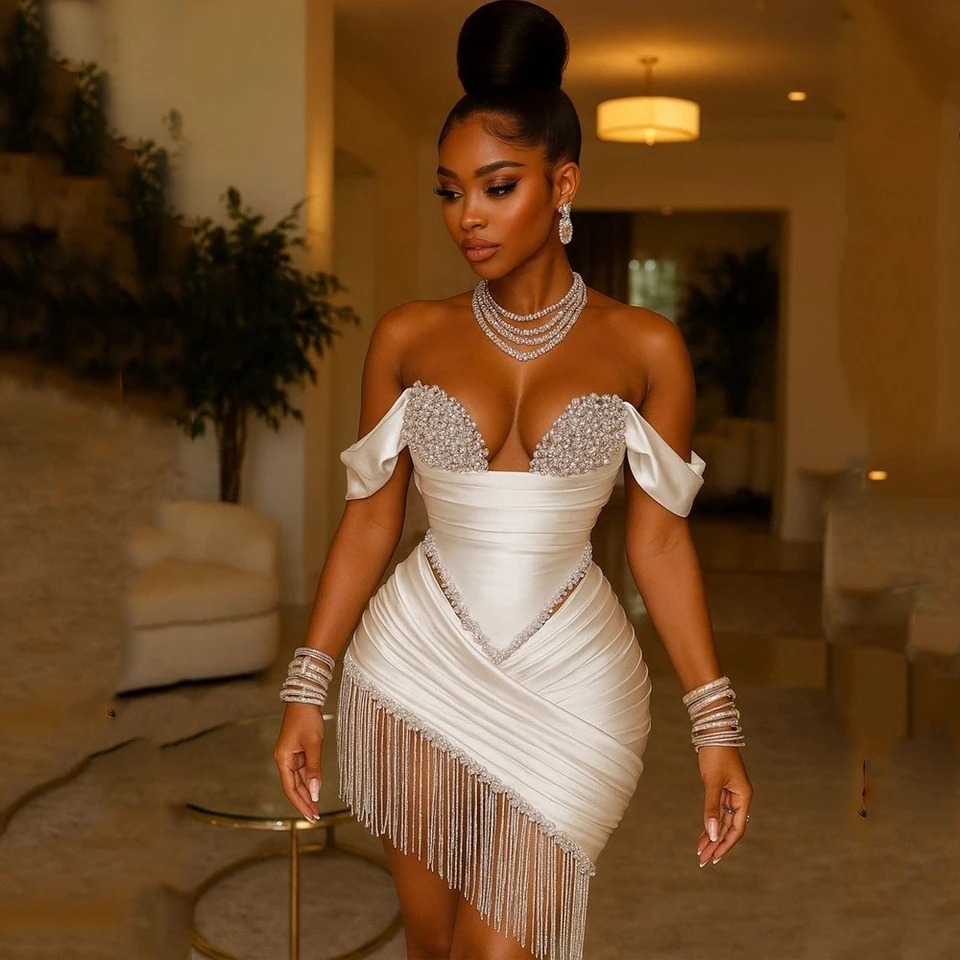 Crystal Ivory Cocktail Gowns Pleat Straight Mini Homecoming Prom Dresses Birthday Dress Satin Luxury 2025 Blackgirl Customized