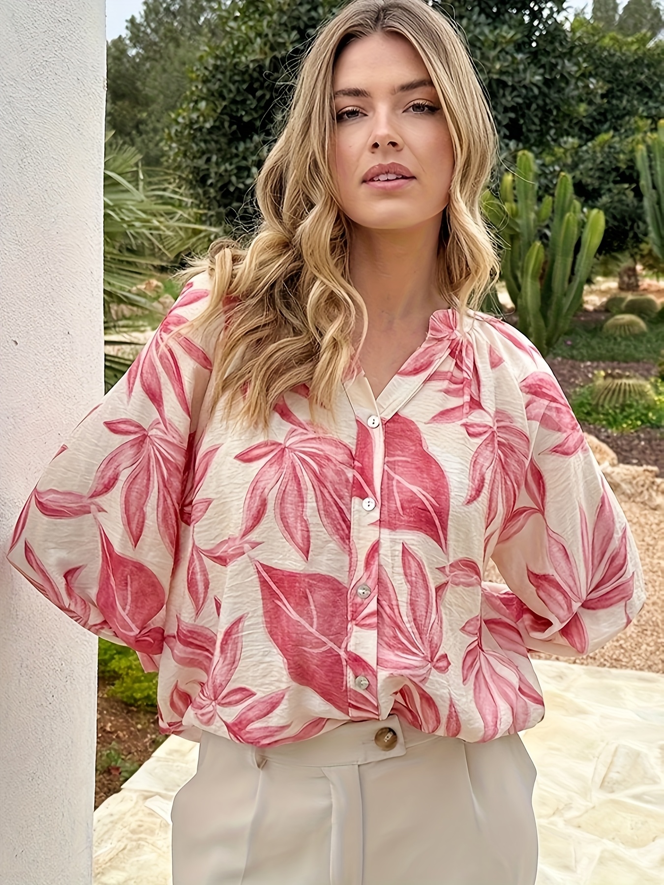 Women's Plus Size Floral Leaf Print Long Sleeve Casual Blouse Button-Down Design for Spring Autumn Winter