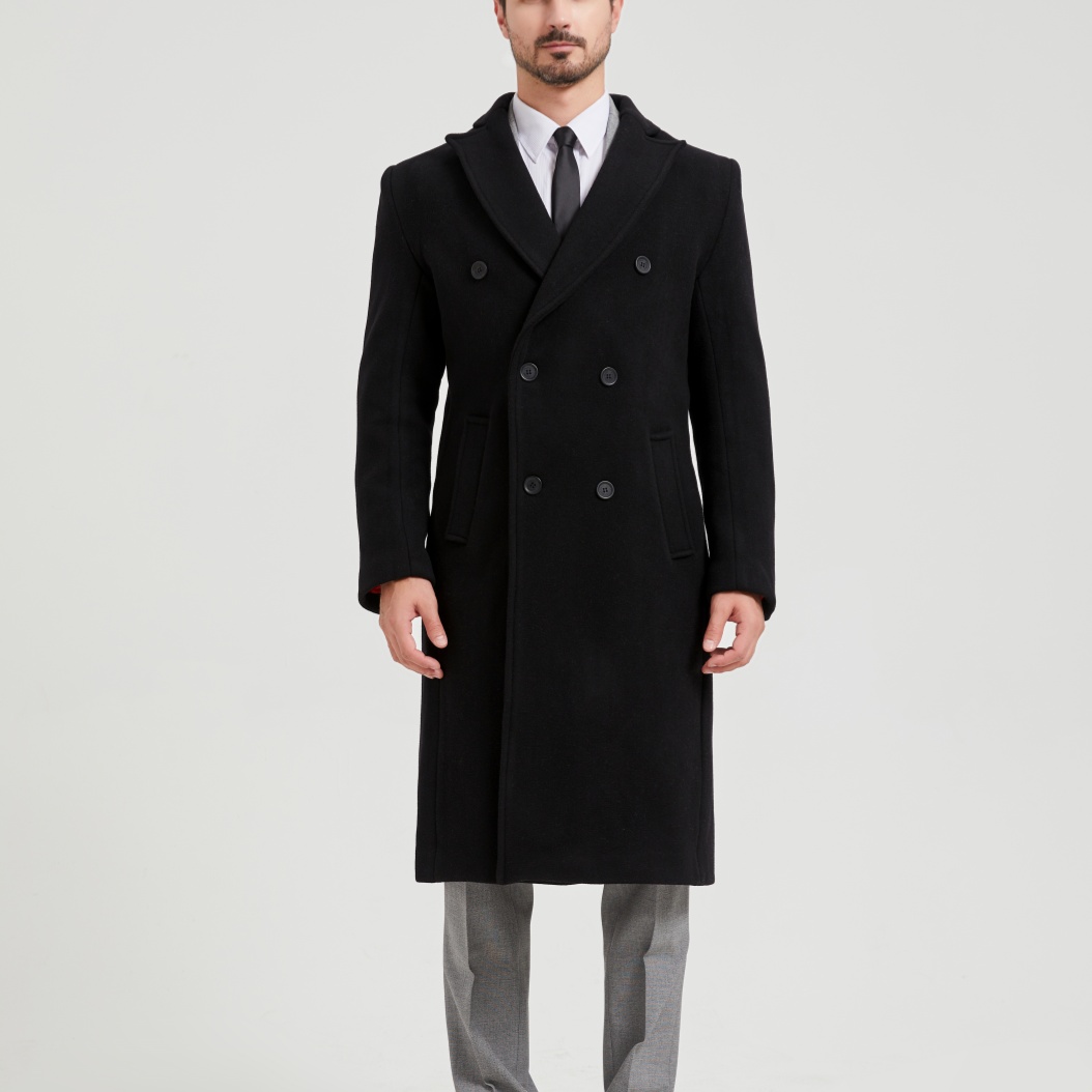 Men's Black Casual Double Breasted Long Overcoat High-End Luxury Woolen Viscose Trench Coat Anti-Wrinkle Breathable