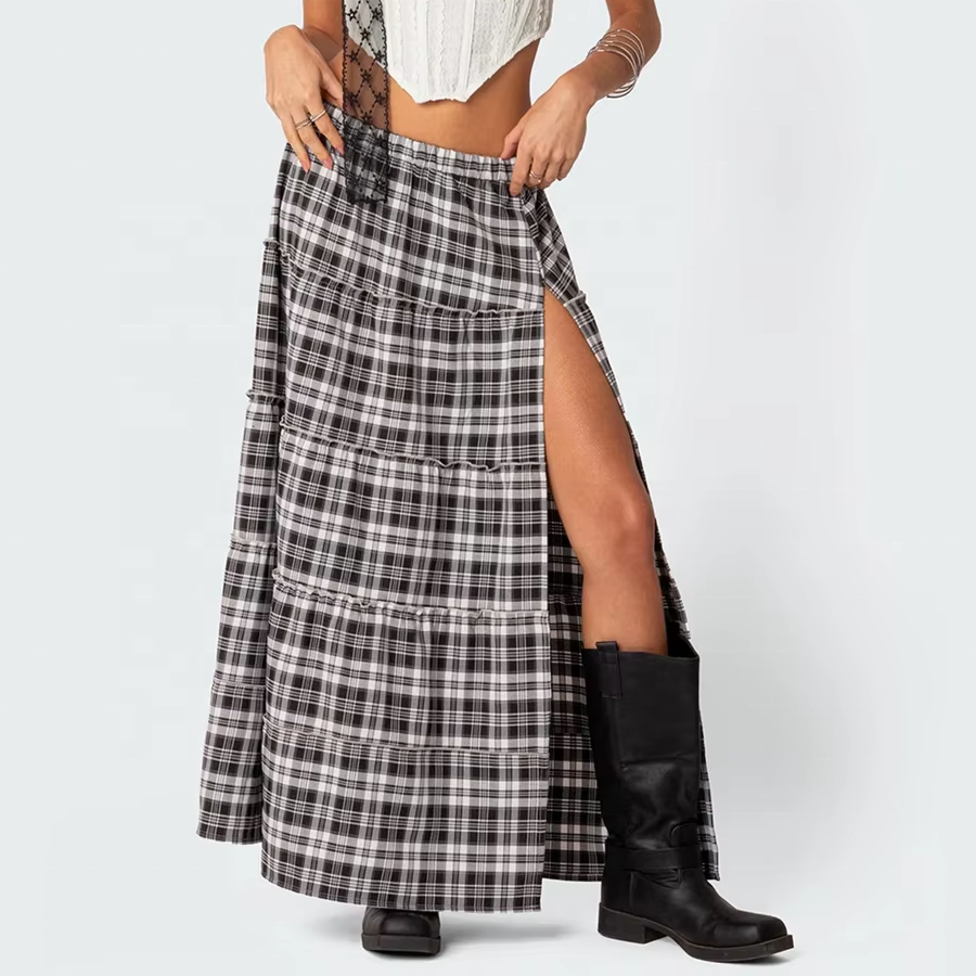 2025 Summer Y2k Vintage High Split Elastic Waist Tiered Midi Skirts Custom a Line Maxi Long Plaid Skirts for Girls