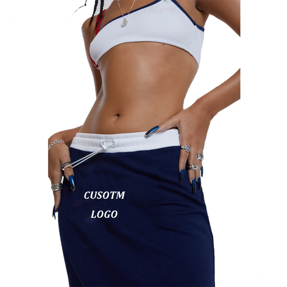 Custom Logo Women Sport Style Long Skirt Dress Cotton Jersey Knitted Side Striped Maxi Skirt Navy Sporty Midi Skirt