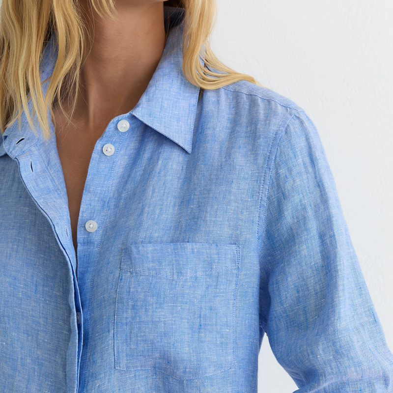 Custom Loose Casual Shirt Summer Blouse Women's Heather Blue Single Pocket Relaxed Fit 100% Linen Long Sleeve Button up Shirt