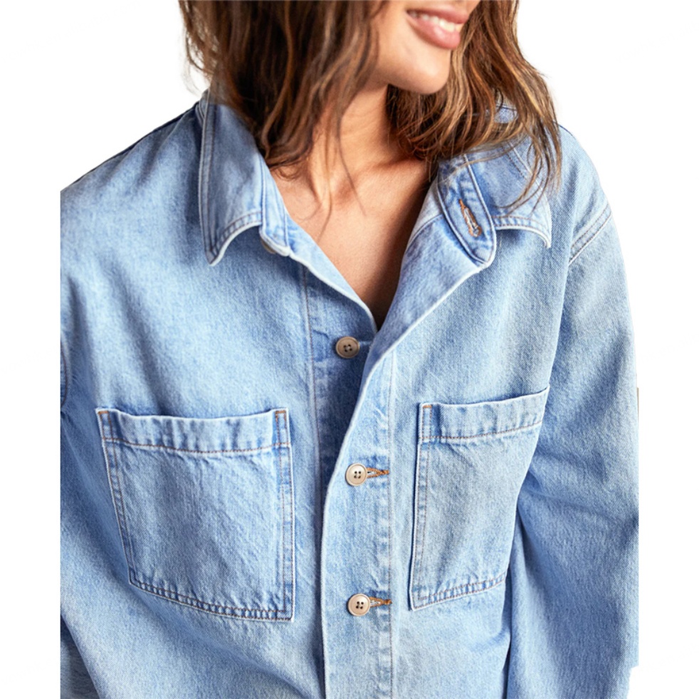 Women Premium Clothing Classic Button Down Shirt Collar Jacket Patch Pocket Blouse for Ladies Long Sleeve Over-sized Denim Shirt