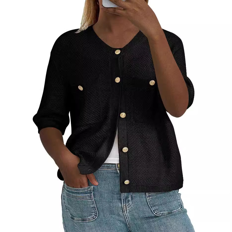 OEM ODM Manufacturer Cardigan Womens Western Pointelle Chest Pocket Linen Knitted Cardigan Jackets Sweater
