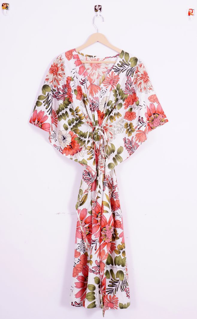 Indian Hand Block Floral Printed Cotton Kaftan Bathrobe