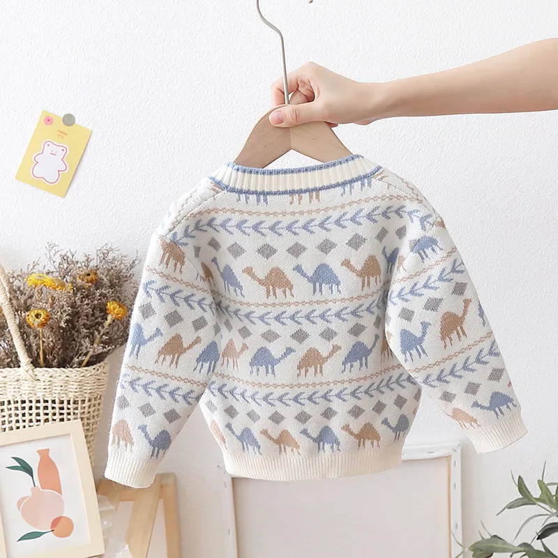 OEM Custom Fall Winter Boys Kids Dinosaur Pattern Knitted Cardigan Sweater