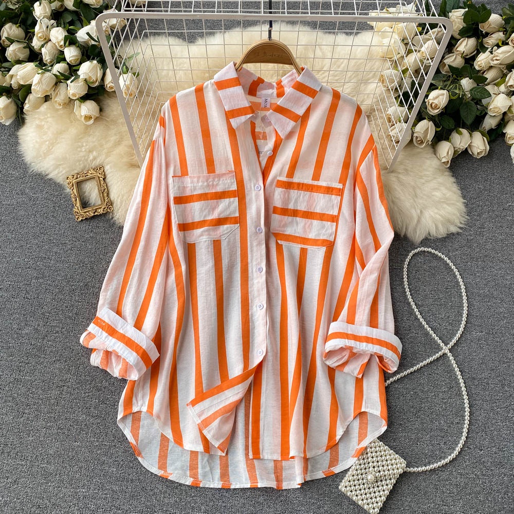 Spring and Autumn Striped Korean Style Casual Long Sleeve Lapel Fashion Women's Blouses and Shirts