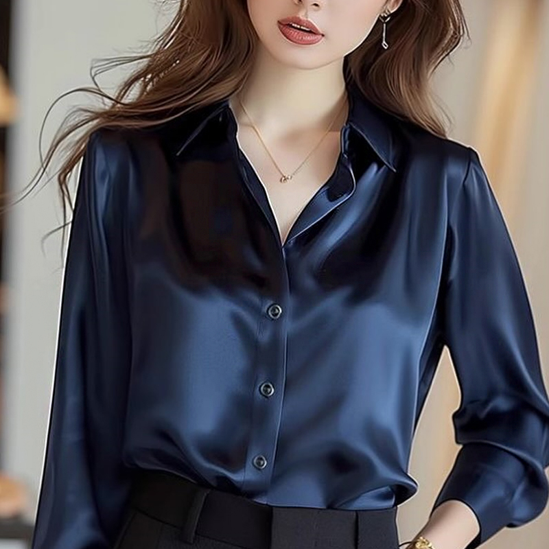 Oversized Turn Down Collar Golden Button up Woman Womens Long Sleeve Silk Shirts and Blouse Satin Office Wear Shirts for Women