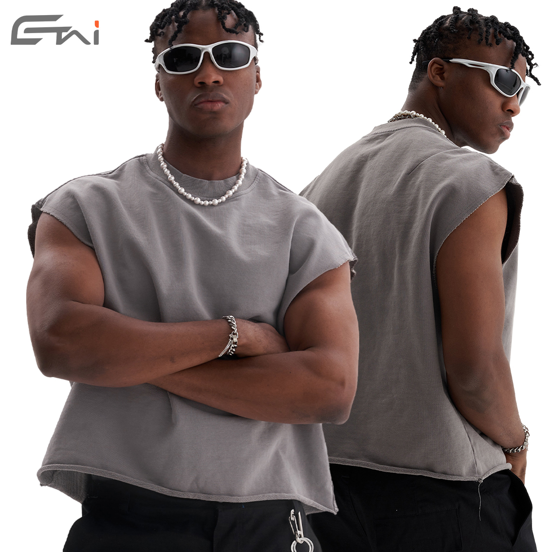 Heavyweight 340 Gsm Boxy Fit Sleeveless T Shirt Oversized Cropped Vest Custom Logo Raw Edge French Terry Tank Top Men