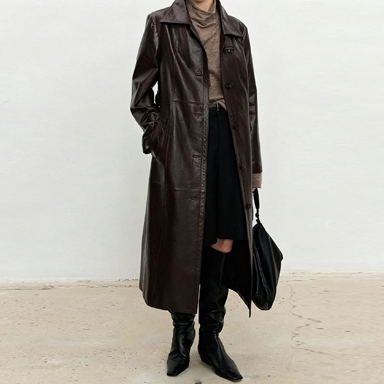 HN000004 Women's Slim Fit Belted Waist Long Leather Overcoat Notched Lapel Wax Dyed Sheepskin Trench Coat