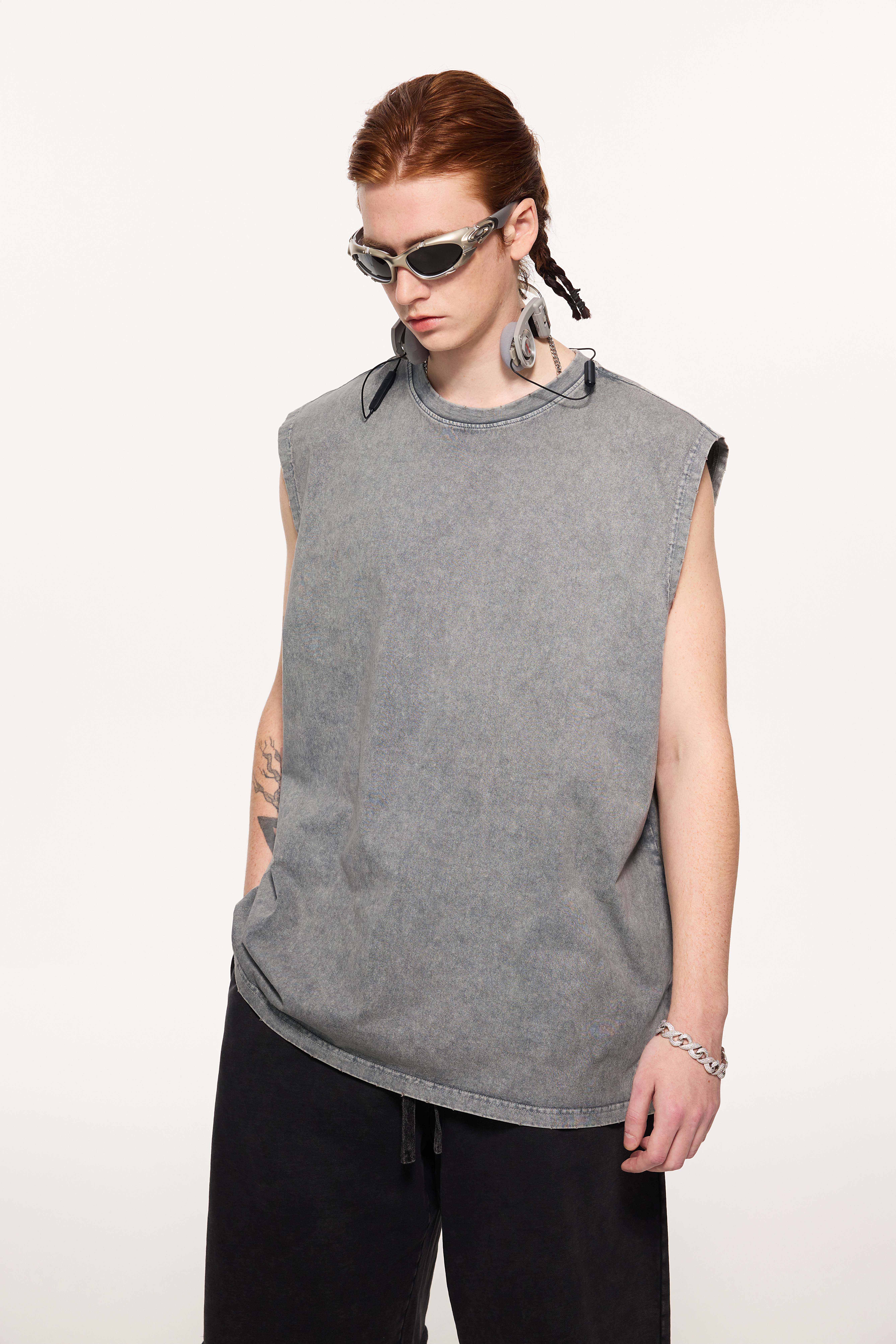 275G Heavy Weight Acid Washed Oversized T-Shirt Sun Faded Blank Design Loose Irregular Hem Vintage Tank Top Sleeveless