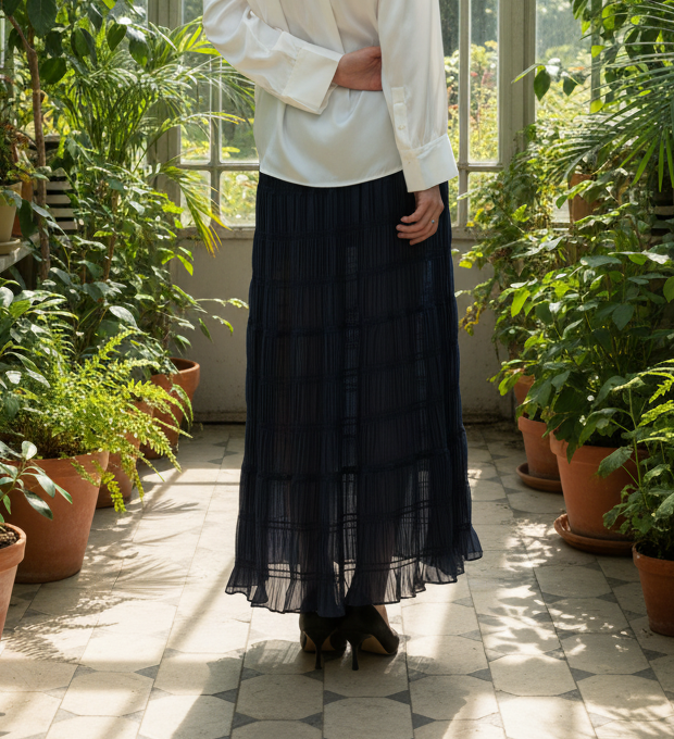 HB2510X17 98%Polyester 2%Spandex Women's Woven Textured Maxi Skirt Pleated Design Halter Neck Vest Breathable Denim MIDI Skirt