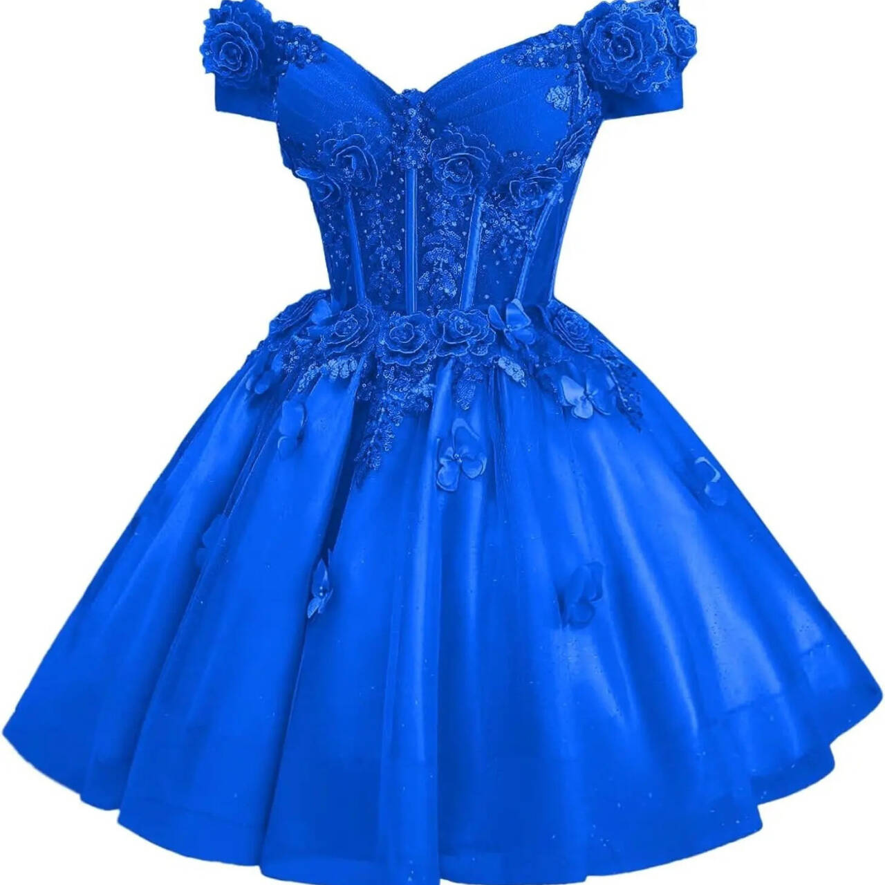 Royal Blue Embroidered Floral Cocktail Dress Off-Shoulder Ball Gown Short Party Gown