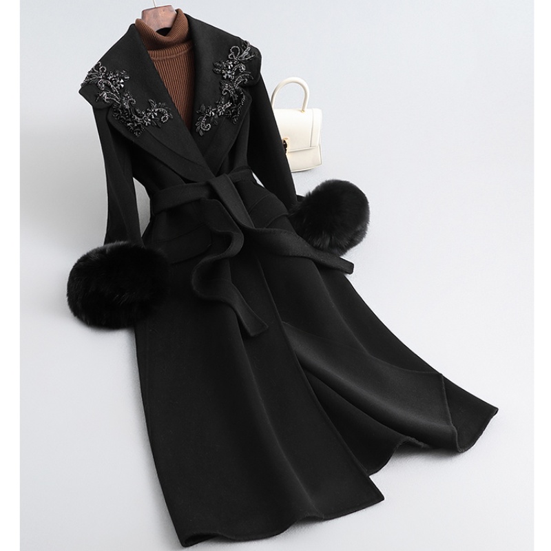 Wholesale Elegant Winter Wool Coat Women Double Face Cashmere Coat Custom Logo Long Trench Overcoat Furry Overcoat