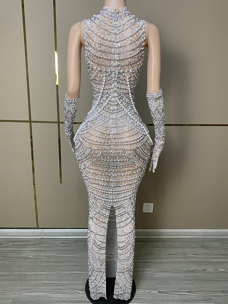 Luxury Gala Pearl dress with gloves French Woman Cocktail Dress Elegant Rhinestone Dress High Quality