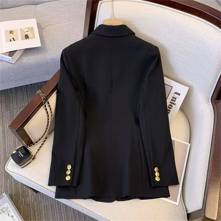 LE2374 Women's Autumn Office Jacket Gold Buttoned Solid Colour Woven Suit Loose Casual Blouse Coat Celebrity Inspired