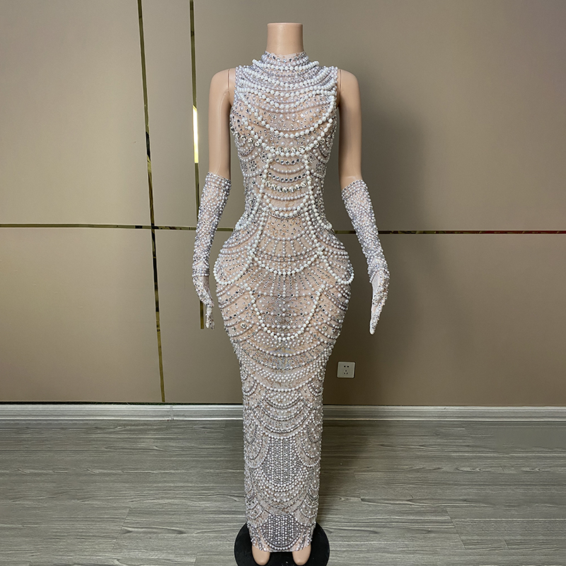 Luxury Gala Pearl dress with gloves French Woman Cocktail Dress Elegant Rhinestone Dress High Quality