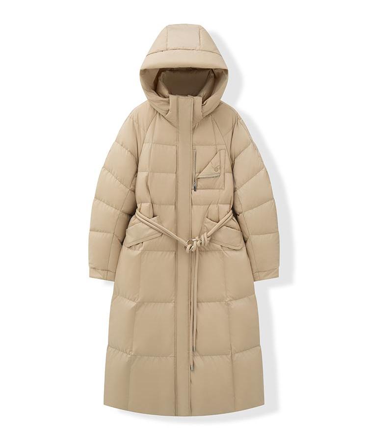 Women's Winter Thick Belted Coat Waterproof Parka Zipper Closure Knee Slim Puffer Jacket Warm Coats Featuring Logo Decoration