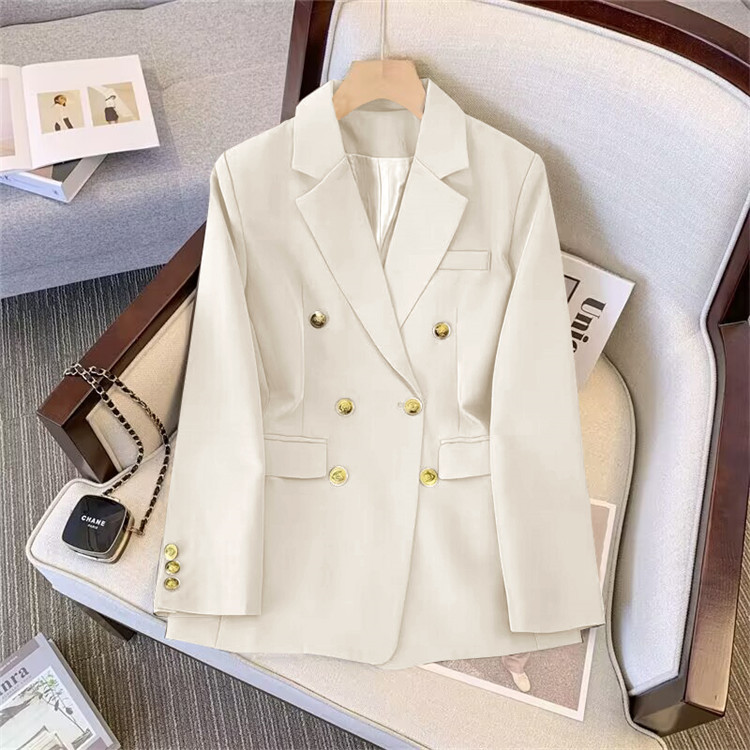 LE2374 Women's Autumn Office Jacket Gold Buttoned Solid Colour Woven Suit Loose Casual Blouse Coat Celebrity Inspired