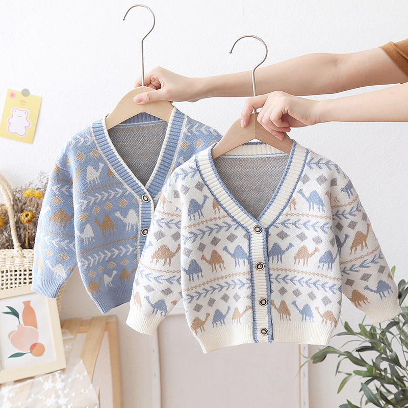 OEM Custom Fall Winter Boys Kids Dinosaur Pattern Knitted Cardigan Sweater
