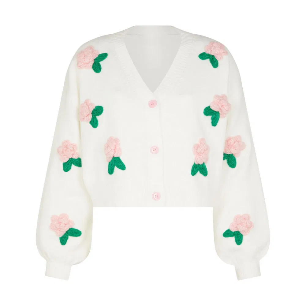 Elegant White Floral Embroidery Knit Cardigan Sweater for Women