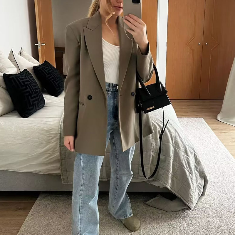 ZATRHMBM Women 2023 New Fashion Multicolor Double Breasted Blazer Vintage Long Sleeve Patch Pocket Ladies Outerwear Stylish Top
