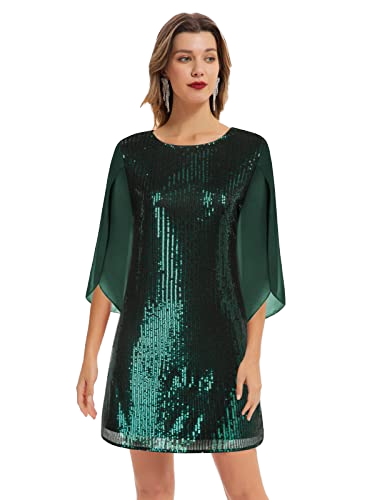 Wholesale Emerald Embroidered Sequined Cocktail Dress O-Neck Cape Sleeve Mini Glamorous Breathable Straight Fit Women Party Wear