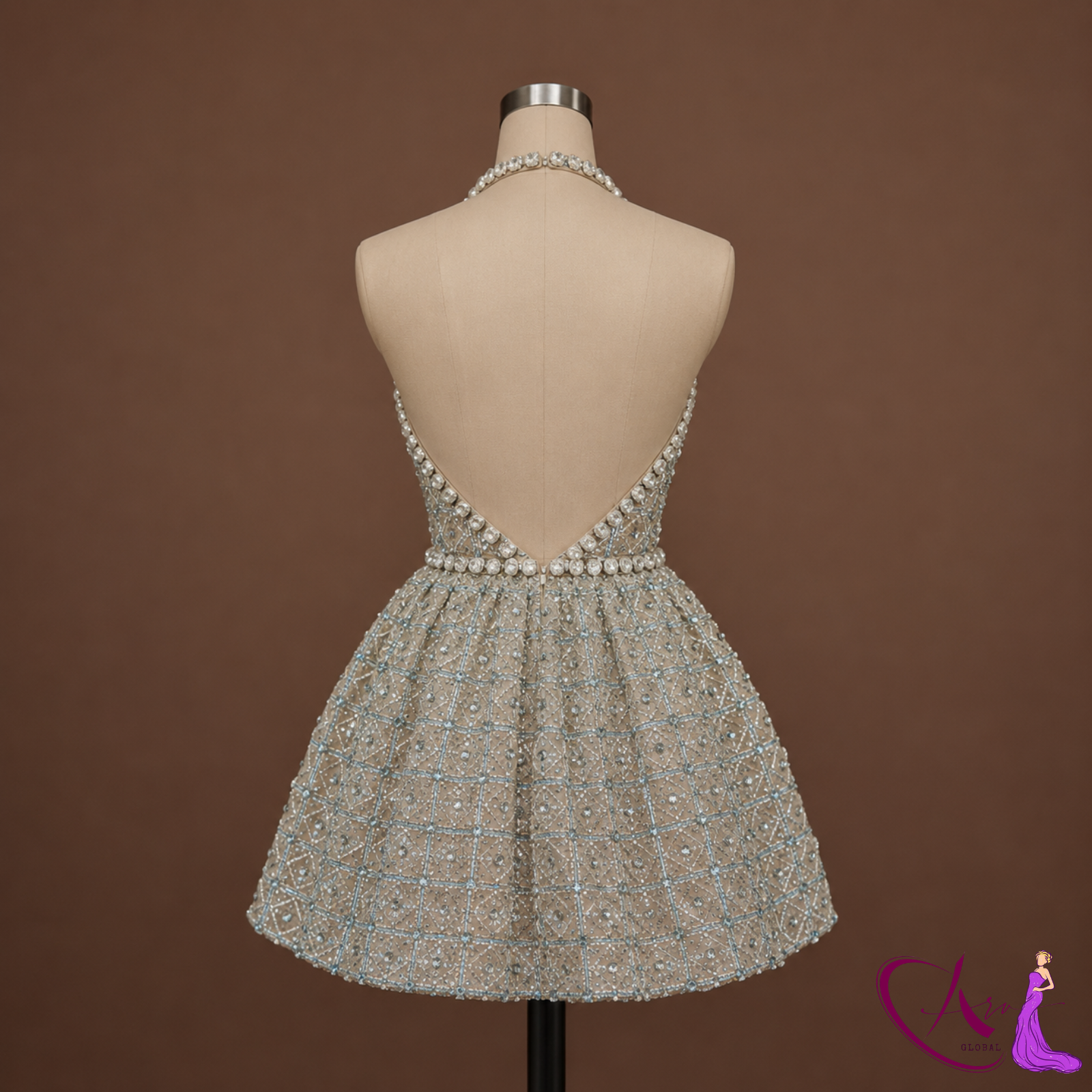 Elegant Pearl Beaded Bodycon Mini Dress Women | Sleeveless Embroidered Halter Neck Party Dress | Designer Cocktail Evening Wear