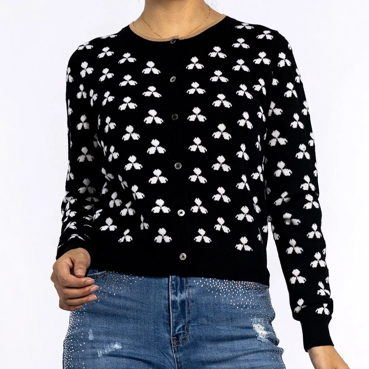 Ladies Spring Jacquard Round Neck Long-Sleeved Kint Black Cardigan Sweaters for Women