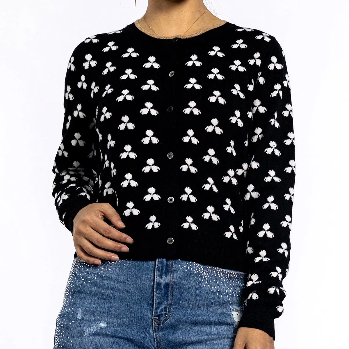 Ladies Spring Jacquard Round Neck Long-Sleeved Kint Black Cardigan Sweaters for Women
