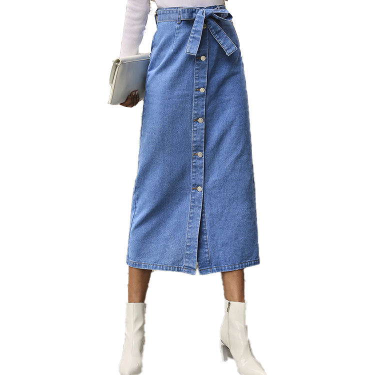 Womens Denim Skirts Self Belted Plus Size Long Button Denim Skirt High Waist Midi Maxi Skirt