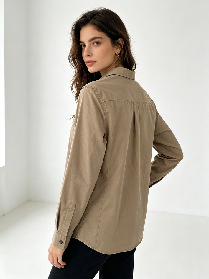 OEM ODM Womens Khaki Long Sleeve Work Shirt Customizable Button Down Blouse with Pockets for Business Casual and Travel