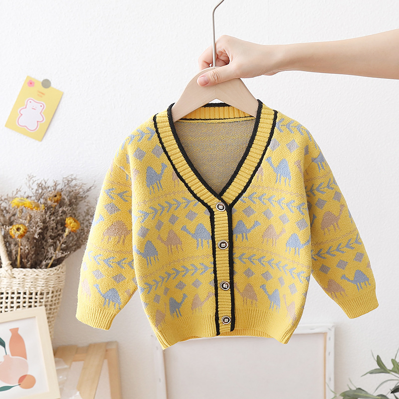 OEM Custom Fall Winter Boys Kids Dinosaur Pattern Knitted Cardigan Sweater