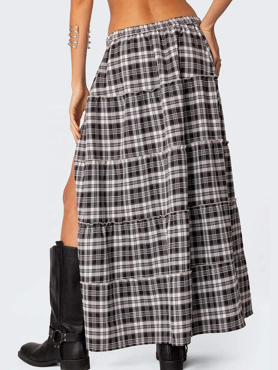 2025 Summer Y2k Vintage High Split Elastic Waist Tiered Midi Skirts Custom a Line Maxi Long Plaid Skirts for Girls