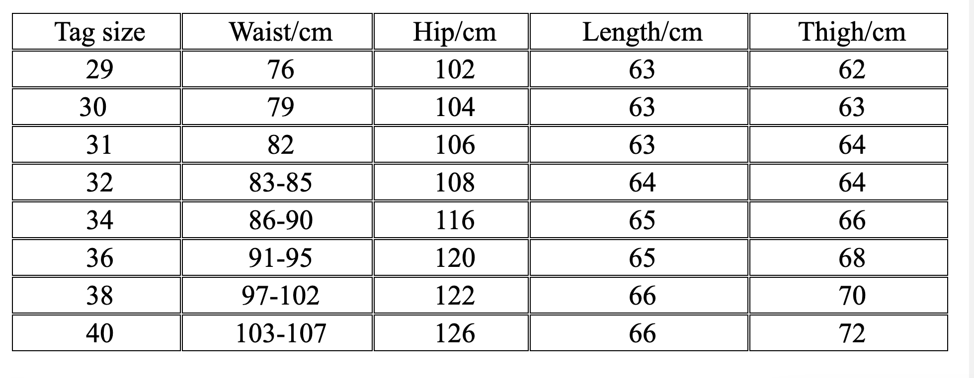 Size Chart 2