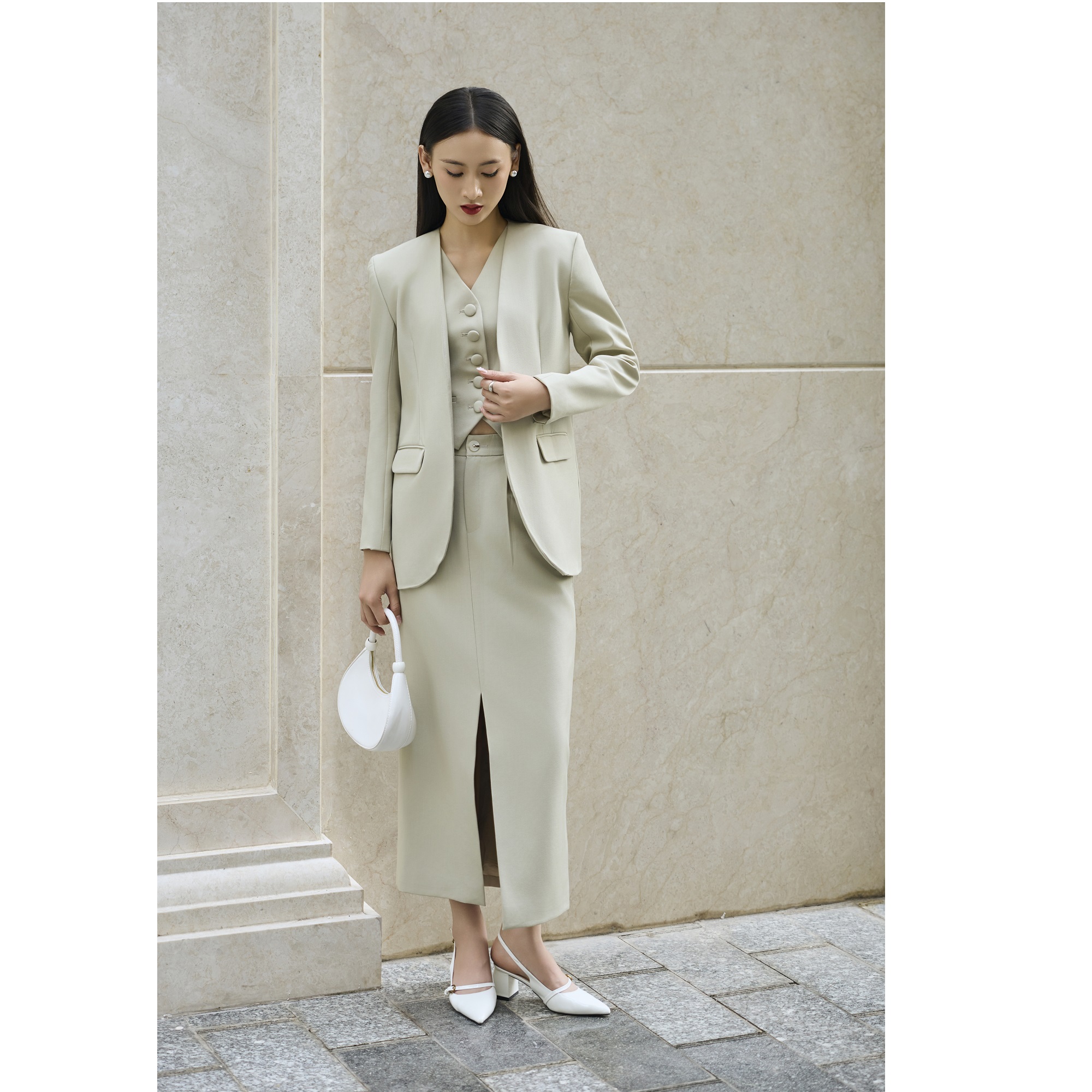 Vietnam Solid High Waist Elegant Front-Slit Midi Skirt KV27 Elegant / Office Lady / Vintage Minimal Maxi Standard Women's Skirts