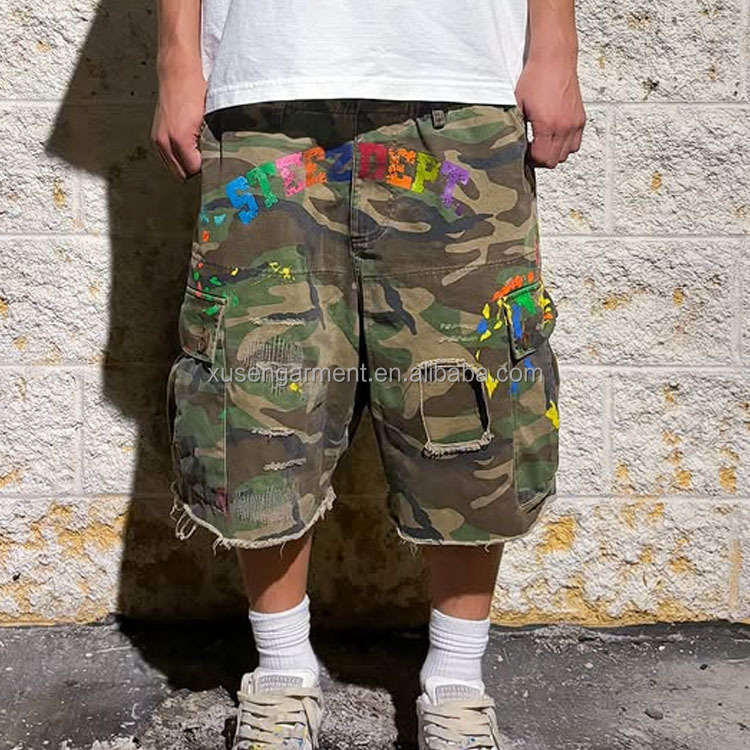 Utility Pocket Camo Distressed Cargo Jeans Raw Edge Camo Men Cargo Pants Shorts Denim Manufacturer Custom