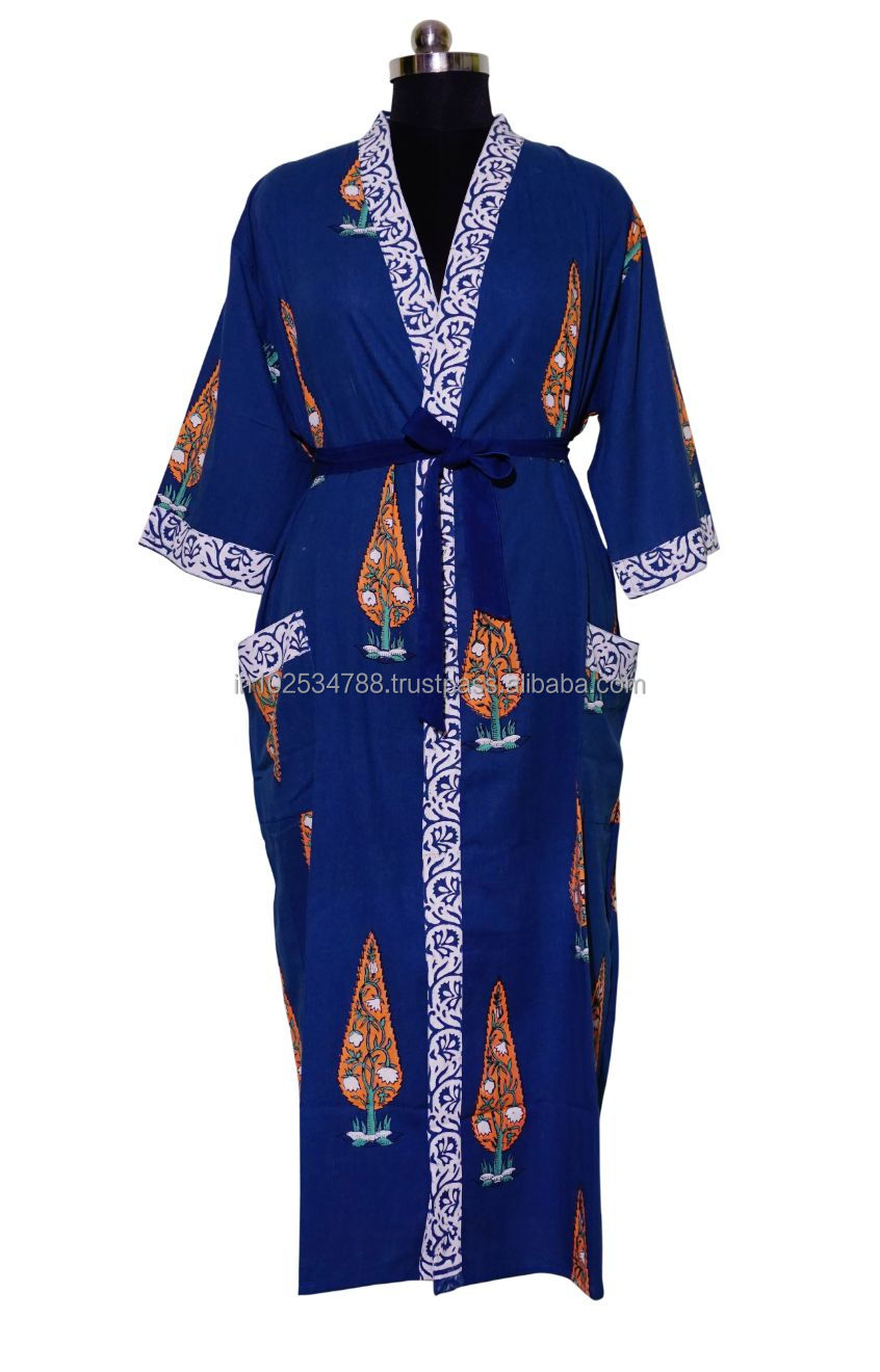 Indian Hand Block Indigo Printed Cotton Kimono Bathrobe