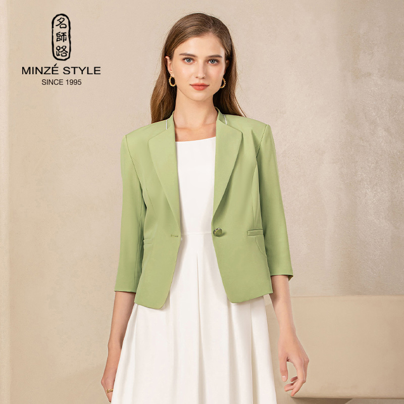 Women's Spring and Autumn Short Woven Blazer V-Neck Single Button Elegant Office Lady Jacket