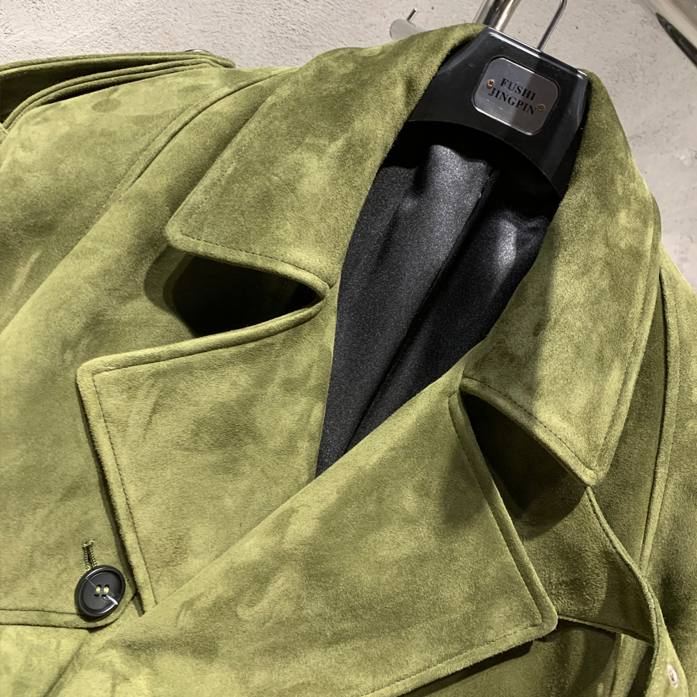 Women's Long Suede Trench Coat Fall 2025 Double Breasted Leather Look Jacket Leather Elegant Autumn Long Suede Coat for Women