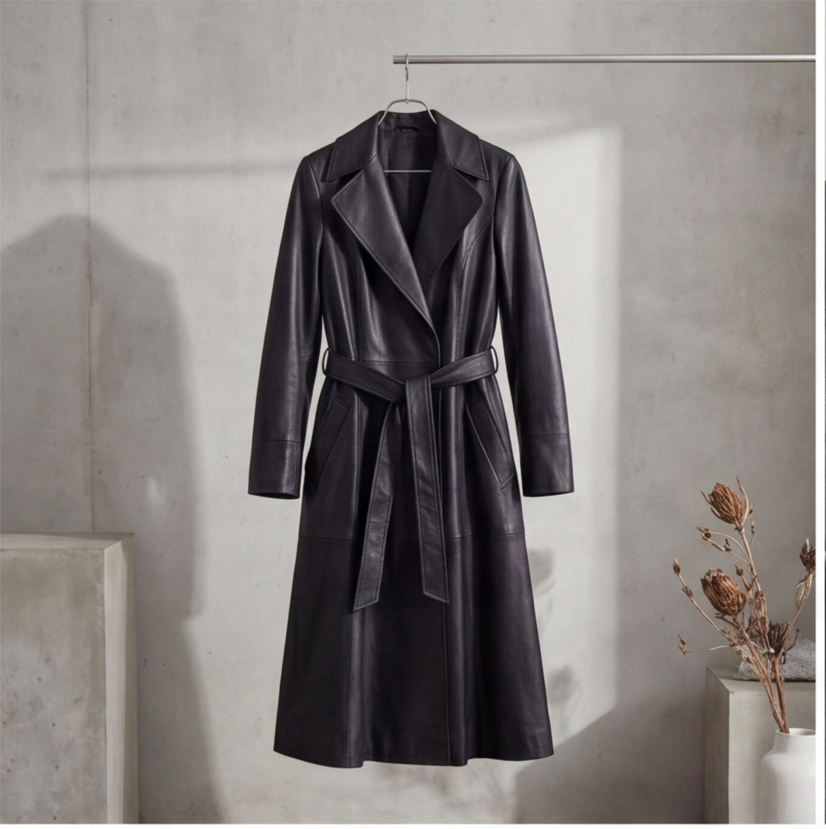 Women's Black Genuine Sheepskin Leather Trench Coat, Long Double Breasted Belted Overcoat for Office