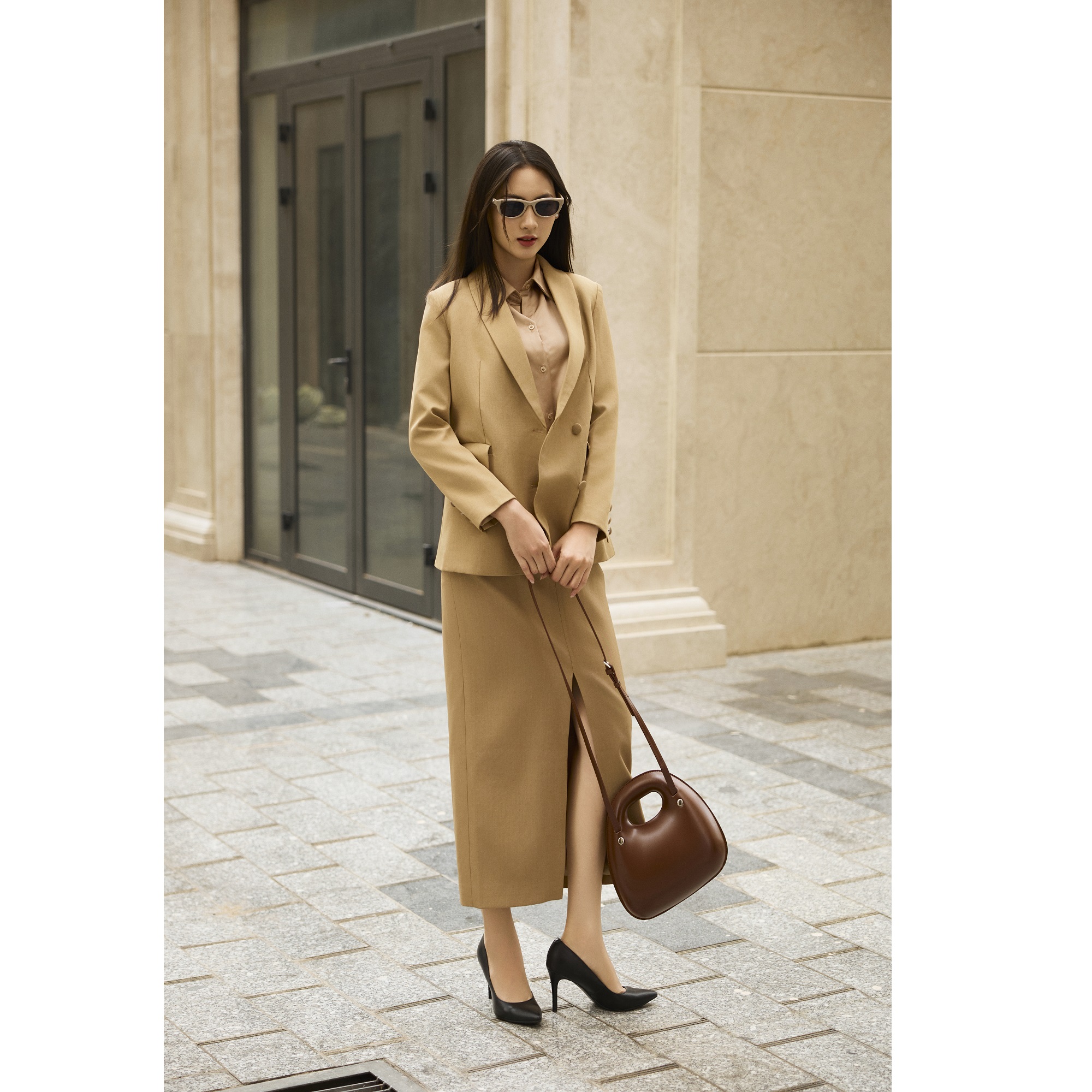Vietnam Solid High Waist Elegant Front-Slit Midi Skirt KV27 Elegant / Office Lady / Vintage Minimal Maxi Standard Women's Skirts
