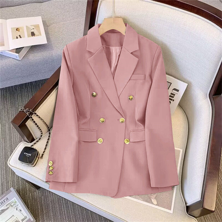 LE2374 Women's Autumn Office Jacket Gold Buttoned Solid Colour Woven Suit Loose Casual Blouse Coat Celebrity Inspired