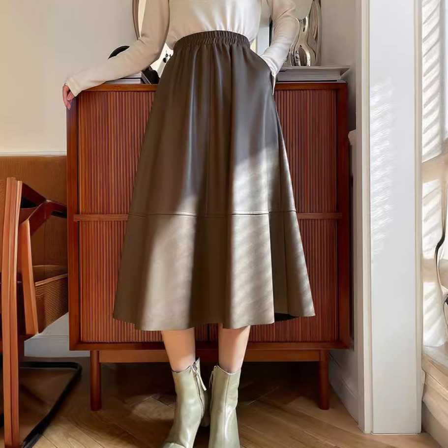 Women PU Flared Skirt High Waist Solid Midi Skirt Elegant Ladies Women Maxi Leather Skirt