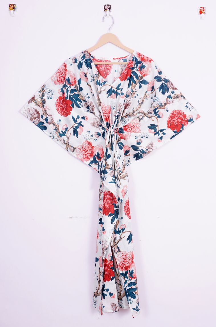 Indian Hand Block Floral Printed Cotton Kaftan Bathrobe