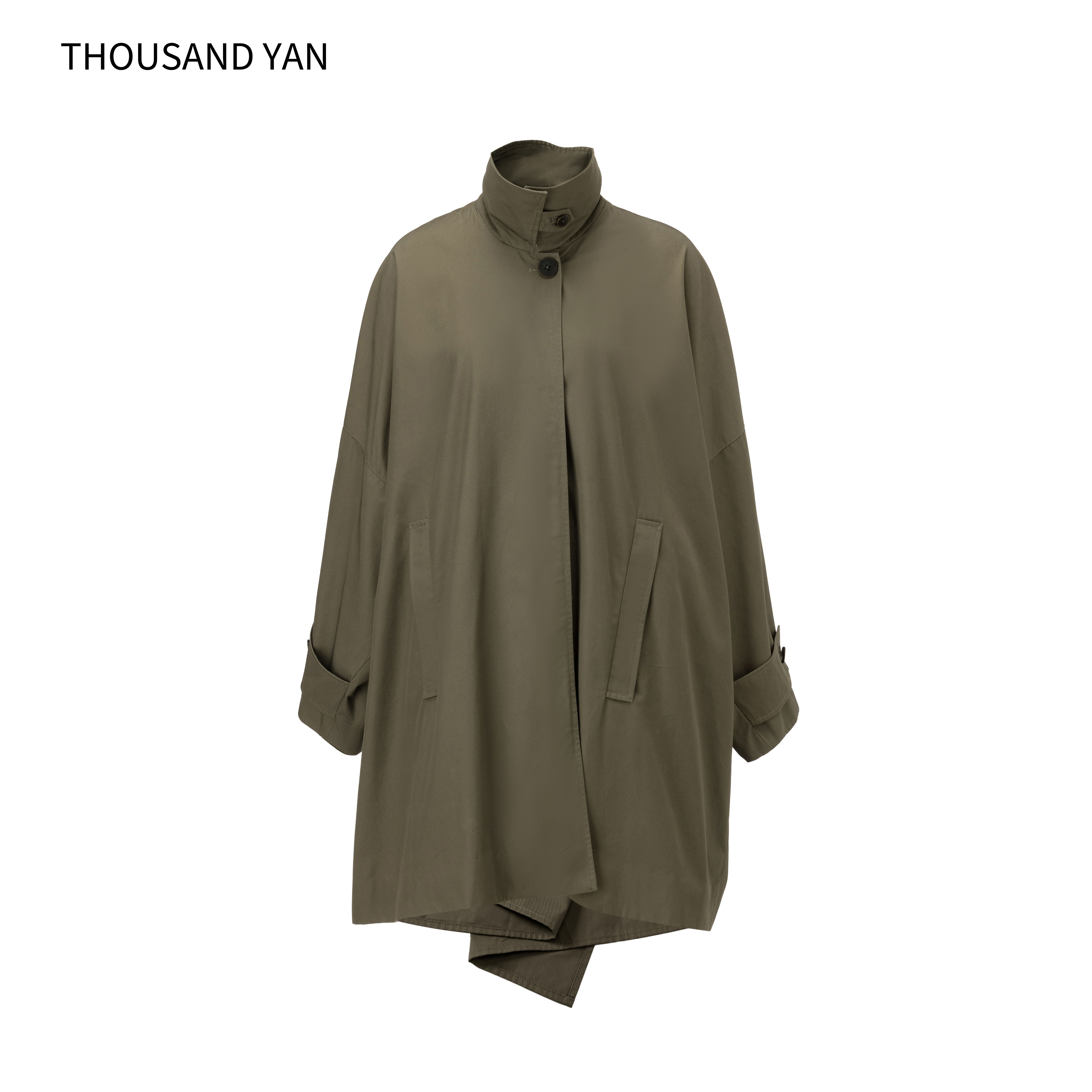 Women's 100% Cotton Olive Green Stand Collar Trench Coat Loose Fit Casual Long Jacket Minimalist Oversized Outerwear