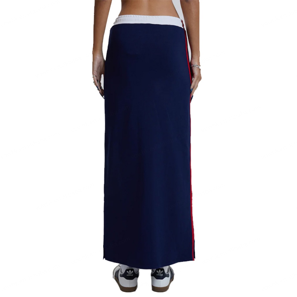 Custom Logo Women Sport Style Long Skirt Dress Cotton Jersey Knitted Side Striped Maxi Skirt Navy Sporty Midi Skirt
