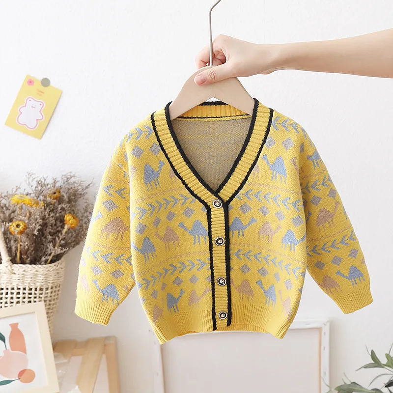 OEM Custom Fall Winter Boys Kids Dinosaur Pattern Knitted Cardigan Sweater