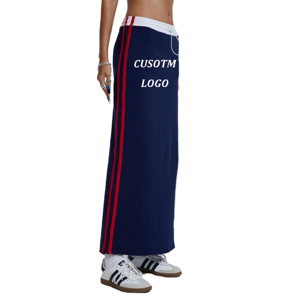 Custom Logo Women Sport Style Long Skirt Dress Cotton Jersey Knitted Side Striped Maxi Skirt Navy Sporty Midi Skirt