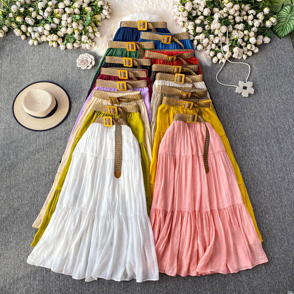 Women's Flowy Flared Ruffle Long Skirt Summer Maxi Skirt Going Out Outfits Midi Length Elastic High Waist Beach Skirt Dress
